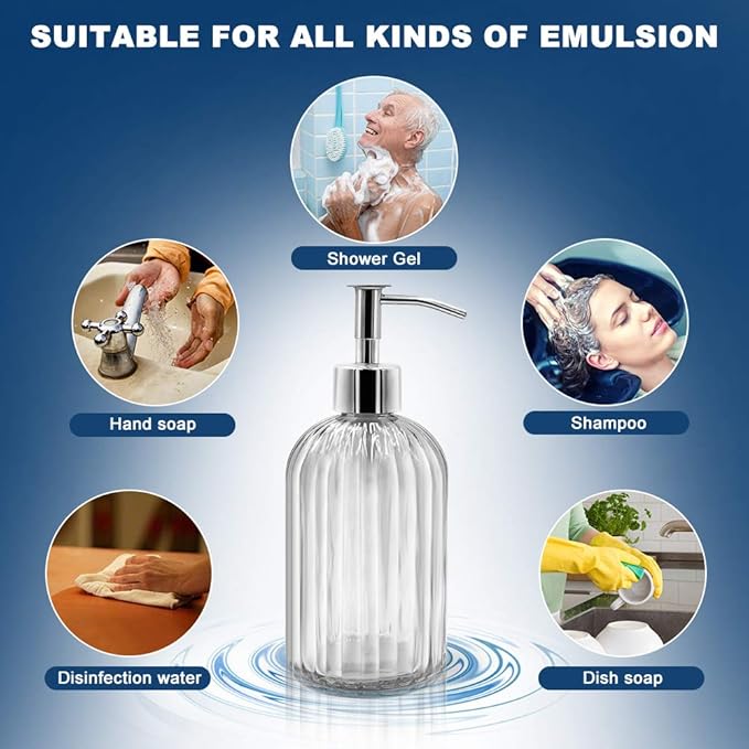 2 Pack Clear Glass Soap Dispenser Bottle with Pump, 14 Oz Refillable Liquid Hand Jar Dispenser for Bathroom, Countertop, Kitchen, Laundry Room