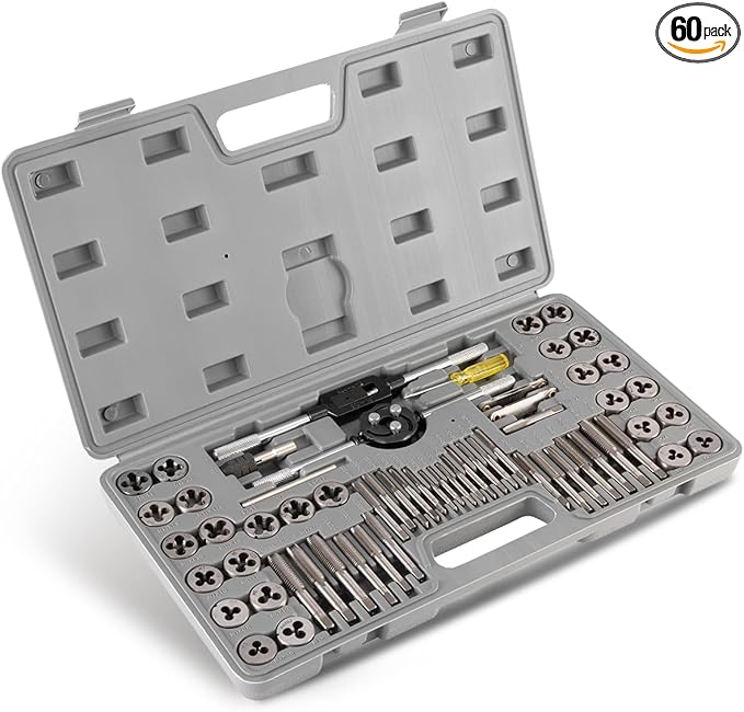 Orion Motor Tech 60 PCS Tap and Die Set Metric and Standard Sizes Included Tap Die Kit Metric and SAE for Threading and Rethreading Internal and External Threads