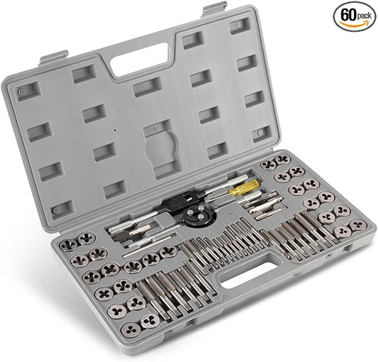 Orion Motor Tech 60 PCS Tap and Die Set Metric and Standard Sizes Included Tap Die Kit Metric and SAE for Threading and Rethreading Internal and External Threads