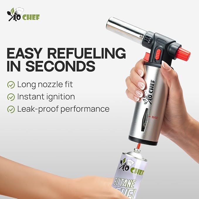 Jo Chef Kitchen Torch with Butane Included – Refillable Lighter with Safety Lock & Adjustable Flame, Blow Culinary Torch for Cooking, BBQ, Creme Brulee, DIY and Soldering - 1 Can (3.38oz) Included