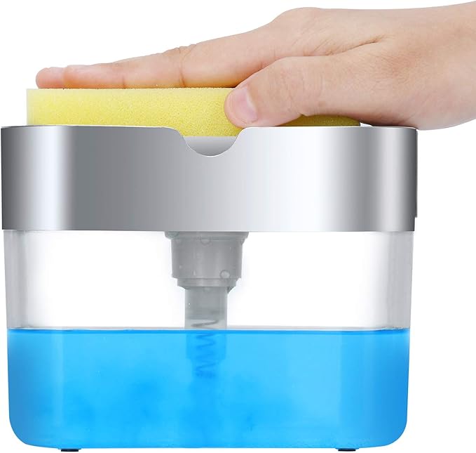 Premium Quality Soap Dispenser with Added Features for Kitchen - Sponge Holder Sink Dish Washing Soap Dispenser 13 Ounces Silver