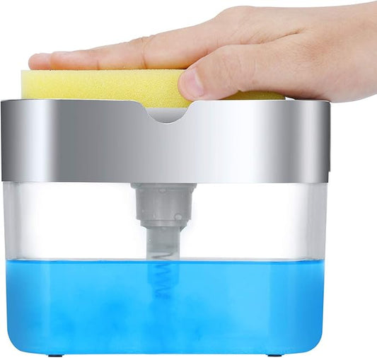 Premium Quality Soap Dispenser with Added Features for Kitchen - Sponge Holder Sink Dish Washing Soap Dispenser 13 Ounces Silver