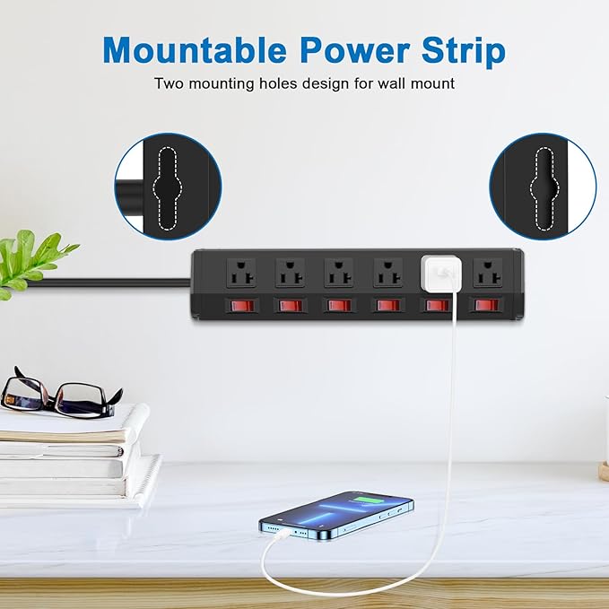 CCCEI Metal Power Strip Individual Switches 6 Outlets, Heavy Duty Power Strip 20Amp Surge Protector for Appliances, 10FT Extension Cord Strip, 1200J Surge Protector 20A 125V 2500W.