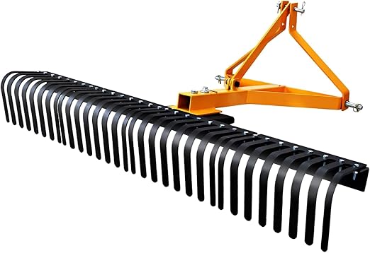 5 FT Landscape Rock Rake, 3 Point Attach Rake with 360 Degree Rotation Tow-Behind Garden Tool for Compact Tractors, Category 1