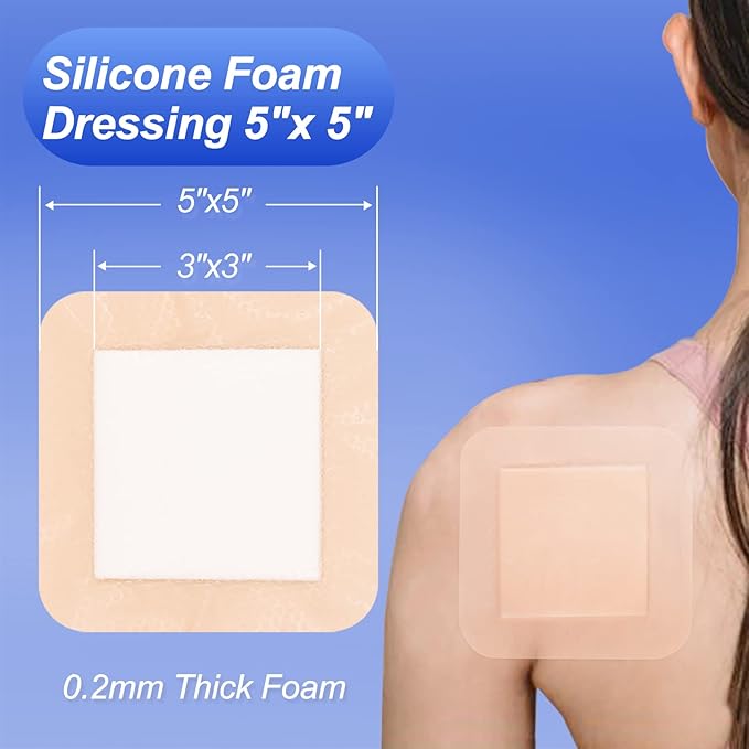 10 Count 5" x 5" Silicone Foam Dressing with Gentle Border (3" x 3" Pad) – Bandages for Wounds, Pressure Sores Post-Surgery Incisions Abrasions & Blisters, High Absorbency Wound Care