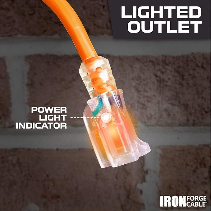 Iron Forge Cable Lighted Outdoor Extension Cord 25 Ft - 10 Gauge Heavy Duty Extension Cord, 15 AMP, 10/3 Orange Power Cable SJTW Weatherproof 3 Prong