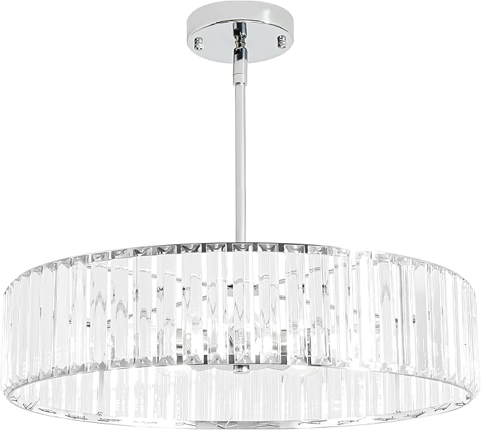 Modern Chrome Crystal Chandelier,20in Dinning Room Light Fixture,Round Kitchen Hanging Drum Pendant Lights,Semi Flush Mount Ceiling for Living Room Entryway Bedroom Foyer, 5-Light