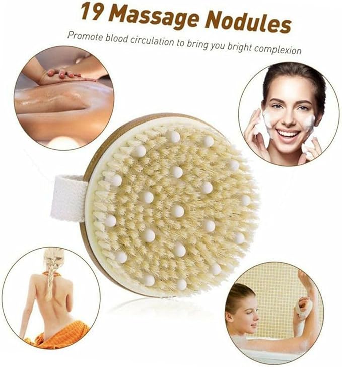 Exfoliating Bath Brush with Natural Bristles and Hand Strap Medium Stiffness Shower Scrubber for Dead Skin Removal Massage and Stimulation Body Brush for Feet Knees and Legs