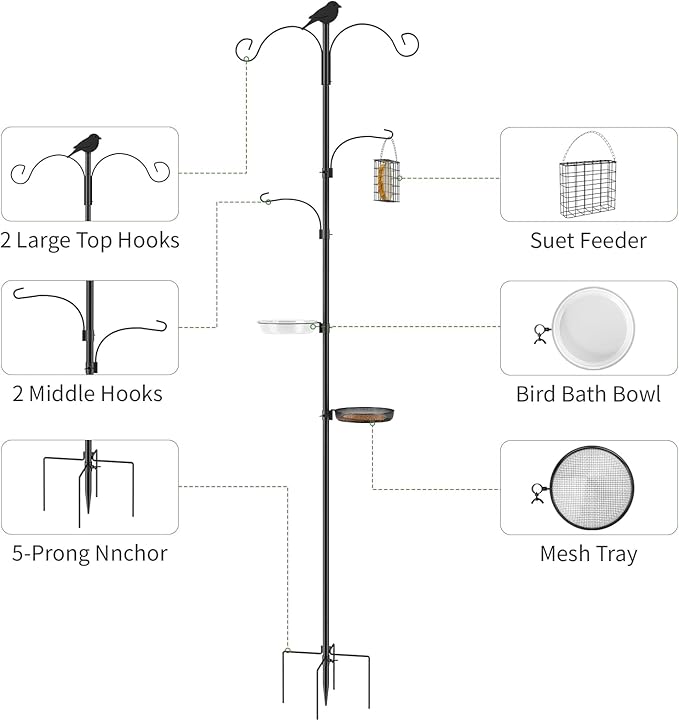 Bird Feeder Pole, 91in 4 Hook Bird Feeding Station Kit with Adjustable Shepherds Hooks, Birds Feeder for Outdoors with Pole 5 Prongs Base Attracting Wild Birds (ATR Deco, Black 91in)