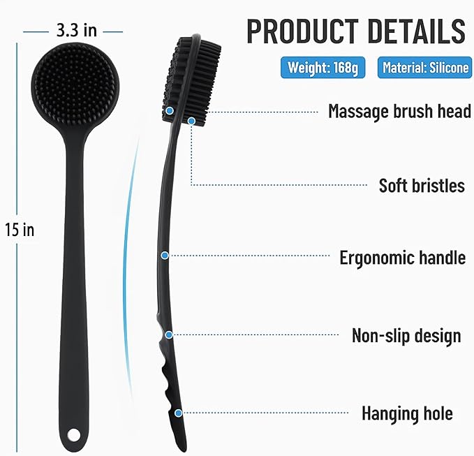 Silicone Back Scrubber for Shower, Double Sided Shower Brush for Shower Exfoliating and Massage Can Produce Rich Foam, 15-inch Men's Long Handle Body Brush, Long Lasting Bath & Shower Accessories