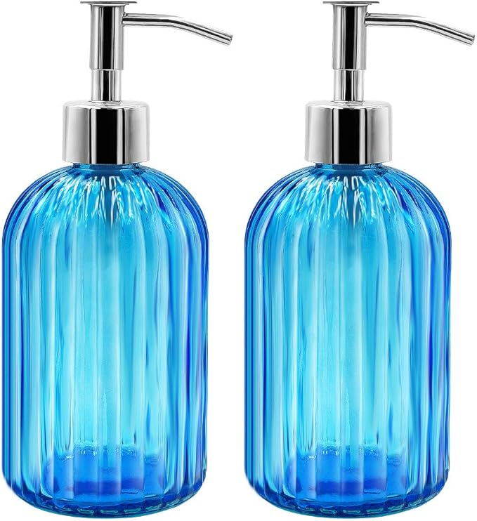 2 Pack Blue Glass Soap Dispenser Bottle with Pump, 14 Oz Refillable Liquid Hand Jar Dispenser for Bathroom, Countertop, Kitchen, Laundry Room