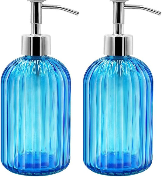 2 Pack Blue Glass Soap Dispenser Bottle with Pump, 14 Oz Refillable Liquid Hand Jar Dispenser for Bathroom, Countertop, Kitchen, Laundry Room