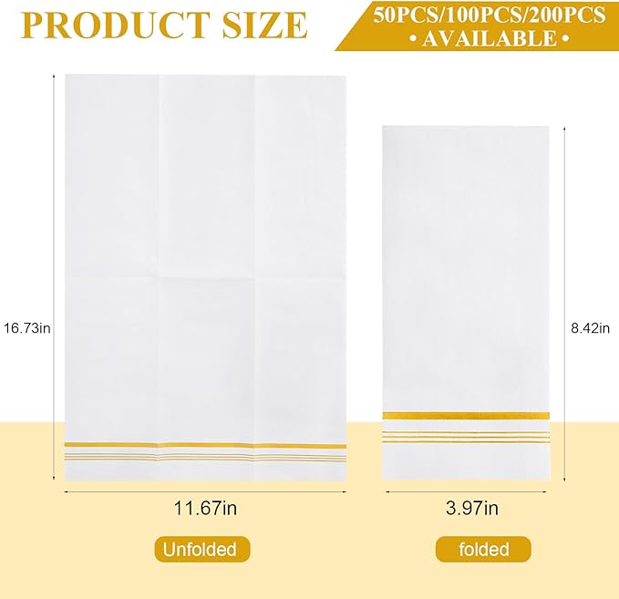 200 Linen Feel Paper Hand Towels for Bathroom, Disposable Guest Towels, Soft and Absorbent Paper Towels Napkins Bulk for Dinner Parties Kitchen Wedding Graduation, 12" x 17"(Gold Trim Lined)