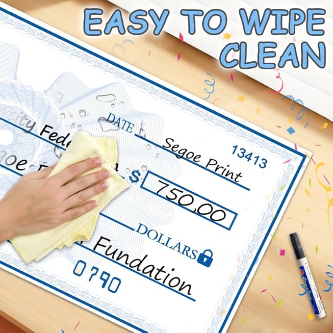 40x16 Inch Giant Check Big Checks for Presentations | Double-Sided Dry Erase Paper Check | Waterproof Laminated Fundraising Sign for Events | Reusable Presentation Sheet(Black/Blue)