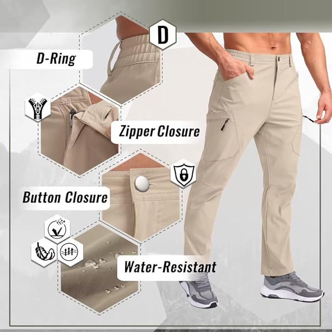 Pudolla Men's Lightweight Hiking Pants with 7 Pockets Quick Dry Water Resistant Fishing Travel Pants