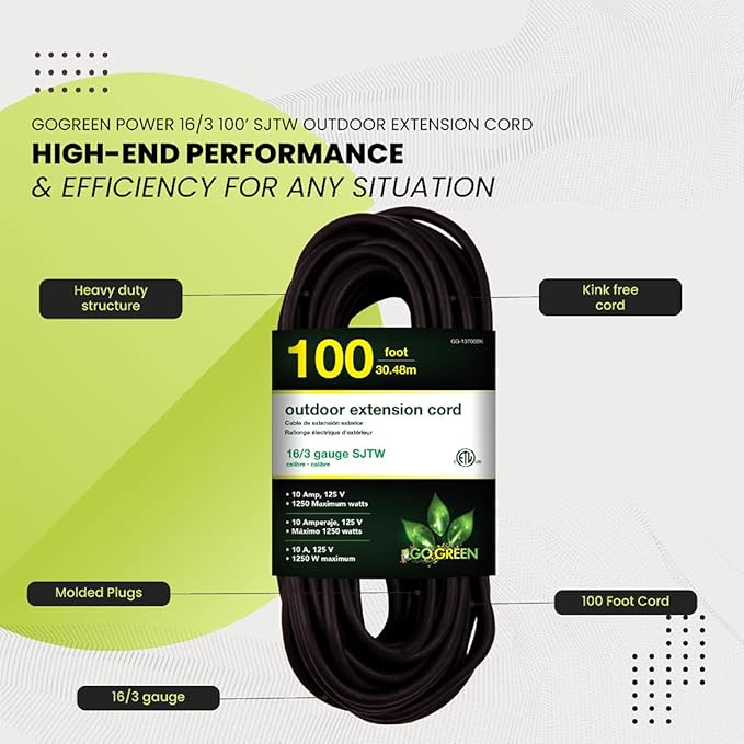 Go Green Power Inc. 16/3 100ft Black Outdoor Extension Cord - Heavy Duty, Moisture Resistant - Perfect for Tools & Equipment - GG-13700BK