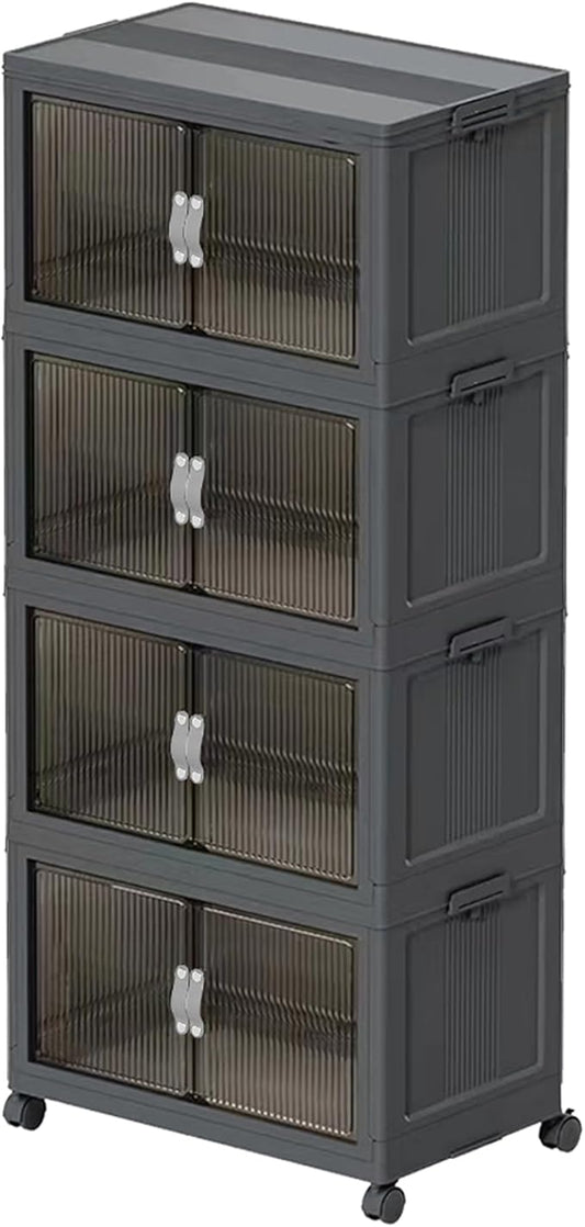 Collapsible Storage Bins with Lids Black Stackable Plastic Organizers for Clothes, Decor, Craft Supplies & Home Storage (4 racks, 17 Gal/rack)