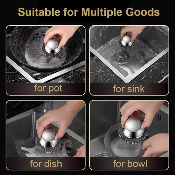 Onewly 2Pack Steel Wool Scrubber Set, Stainless Steel Scrubber with Stainless Steel Handle, for Cleaning Dishes, Cast Iron, Stock Pots, Pans, Griddles, Grills
