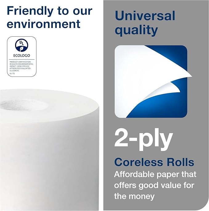 Tork OptiServe 4-Roll Coreless Toilet Paper Dispenser Black T7/T5, Vertical Dispenser, Elevation Design + Tork OptiServe Coreless Toilet Paper White T7, Universal, 2 Ply, 36 x 1000 Sheets