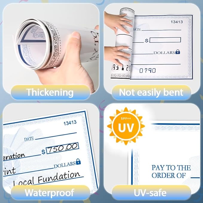 40x16 Inch Giant Check Big Checks for Presentations | Double-Sided Dry Erase Paper Check | Waterproof Laminated Fundraising Sign for Events | Reusable Presentation Sheet(Black/Blue)