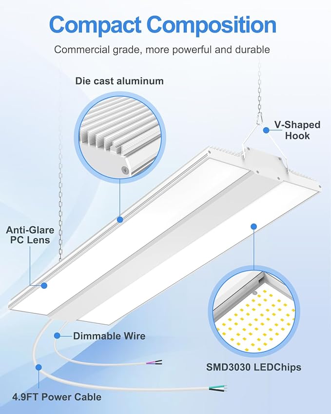 400W LED High Bay Shop Light 60,000LM, 2.2FT High Bay LED Warehouse Light UL DLC Listed Dimmable 0-10V, 5000K Linear Haning Shop Light Fixture, Commercial Bay Lighting for Factory Garage AC100-277V