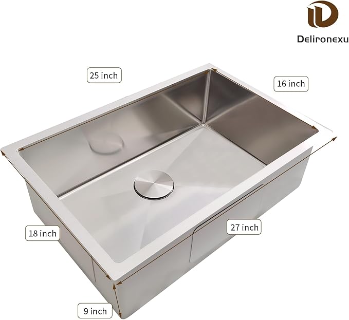 27 Inch Undermount Kitchen Sink - Delironexu 16 Gauge Stainless Steel Sinks, 27''x18'' Single Bowl Kitchen Sinks, Undermount Sink with 4 Accessories