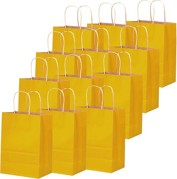 qiqee 32-Packs Bright Yellow Paper Gift Bags with Handles Bulk 8.26"×6"×3.15" Small Size Gift Bags Multiple Uses（Small Size）