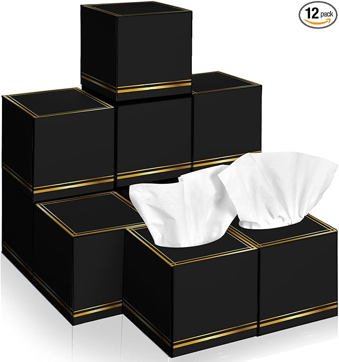 12 Pack Facial Tissues Cube Boxes Face Box 600 Sheets 3 ply Soft Paper Square Tissues Bulk for Car Pocket Toilet Household Bedroom Family(Black)