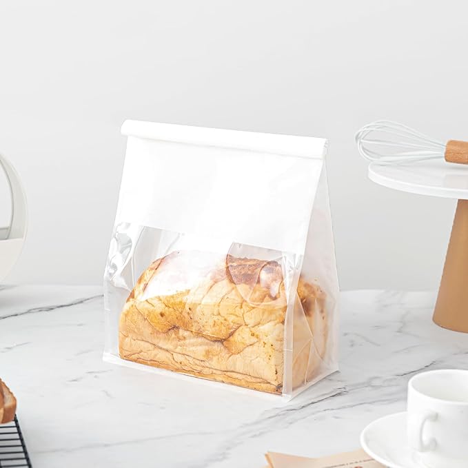 50 Pcs 8.6 Inch Bread Bags with Tin Tie, Large Loaf Bags Made Of White Cotton Paper, Storage Packing Bag with Clear Window for Bakery, Cafe, Homemade Bread
