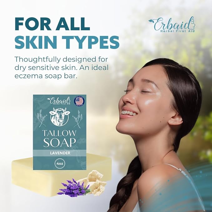 Beef Tallow Soap Bar – All Natural Grass Fed Tallow Soap Lavender – Moisturizing Face & Body Wash Great for Eczema, Dry, Itchy, Sensitive Skin – Handcrafted Bath Soap for Adults, Kids, Made in USA