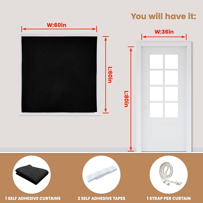 Adhesive Curtain,100% Blackout Curtains, No Drilling, Suitable for Multi-Scenes Privacy Protection (Black - W60 × L60 in)