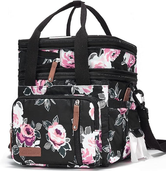 MOV COMPRA Lunch Bag Women Flower Insulated Lunch Box for Work, Expandable Large Lunch Bag, Leakproof Double Deck Lunch Box Cooler Bag with Removable Shoulder Strap（Flower）
