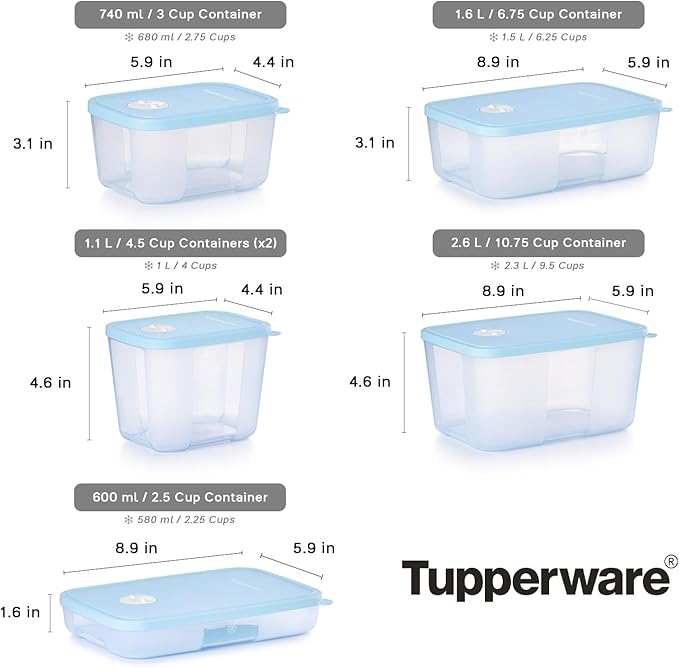 Tupperware Date, Store & Freeze Collection 6 Piece Food Storage Container Set, Dishwasher Safe and BPA Free (6 Containers, 6 Lids)