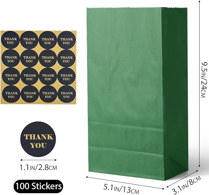 Bakepacker 100 Pcs Deep Green Treat Paper Bags with 100 Stickers 5.1"x3.1"x9.4" Brown Kraft Small Party Gift Bag Snack Bag without Handle