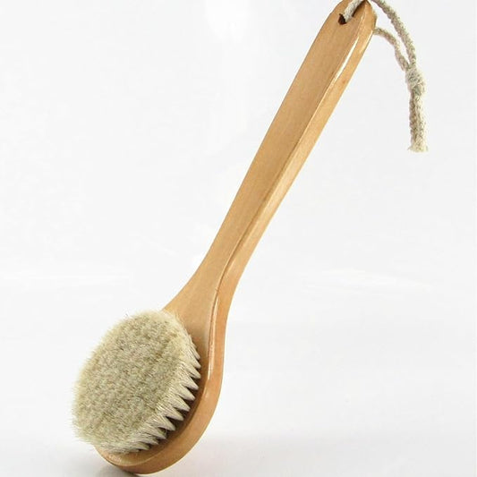 11.8 Inch Long Wooden Handle Dry Body Brush Back Scrubber, Bath Shower Brush Scrubber with Soft Horsehair Mane Natural Bristles, Good for Cellulite, Detox, Exfoliating, Blood Circulation,etc.