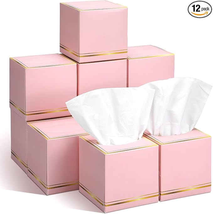 12 Pack Facial Tissues Cube Boxes Face Box 600 Sheets 3 ply Soft Paper Square Tissues Bulk for Car Pocket Toilet Household Bedroom Family(Pink)