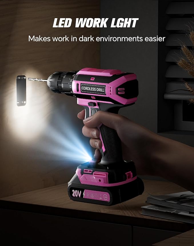 Pink Cordless Drill Set, 20V Max PowerDrill for Women, Lightweight ElectricDrill with Power Pack and Charger, 25 Position and 56 Pcs Accessoires, Womens Drill Tools Kit for House