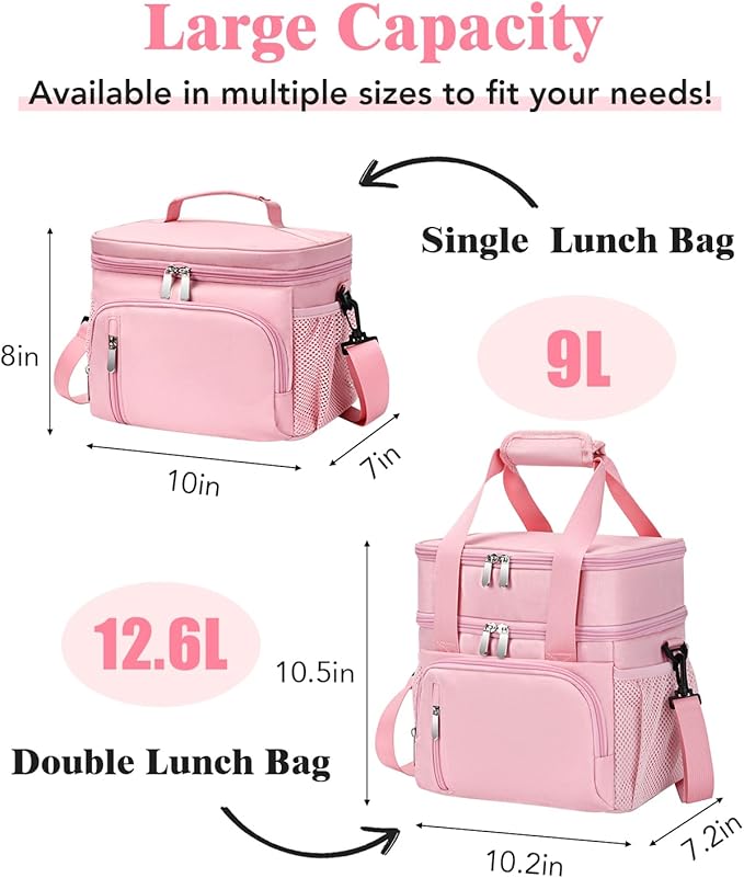 Insulated Lunch Bag for Men & Women - Leakproof Lunch Box Soft Cooler Tote, Adjustable Strap, Reusable Lunch Box for Work Office Picnic Beach Travel-Pink