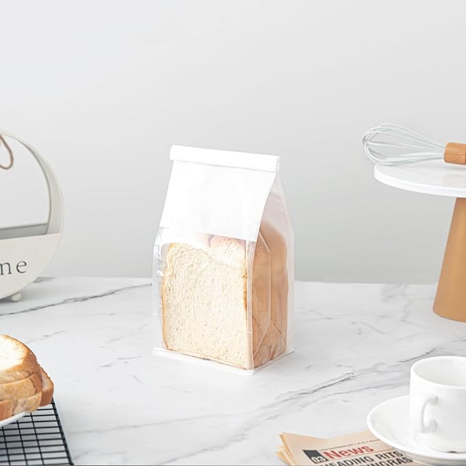 50 Pcs Bread Bags for Homemade Breads, 5.1 x 3.9 x 11 Inch Small White Bakery Bags with Tin Tie, Cotton Paper Loaf Bag, Storage Packing Bag with Clear Window