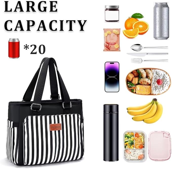 Large Women Lunch Bags for Work/Insulated Adult Lunch Box for Women. Reusable Lunch Cooler Purse for Work Picnic Hiking 14L, Black Stripes