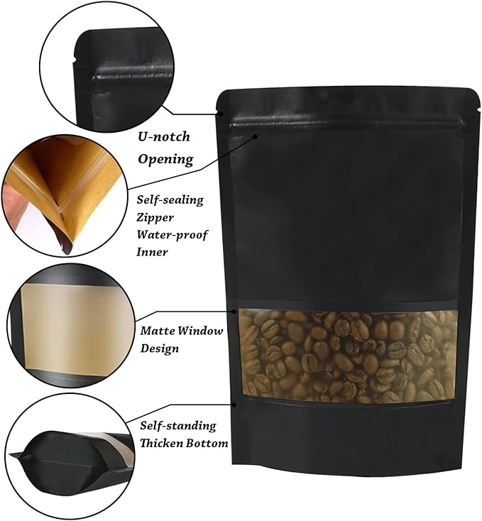 100 PCS Resealable Stand Up Kraft Paper Bags With Matte Window, Zipper Lock Food Storage for Small Business and Home, 5.91 * 9.05 Inches Reusable Sealable Packaging - Black