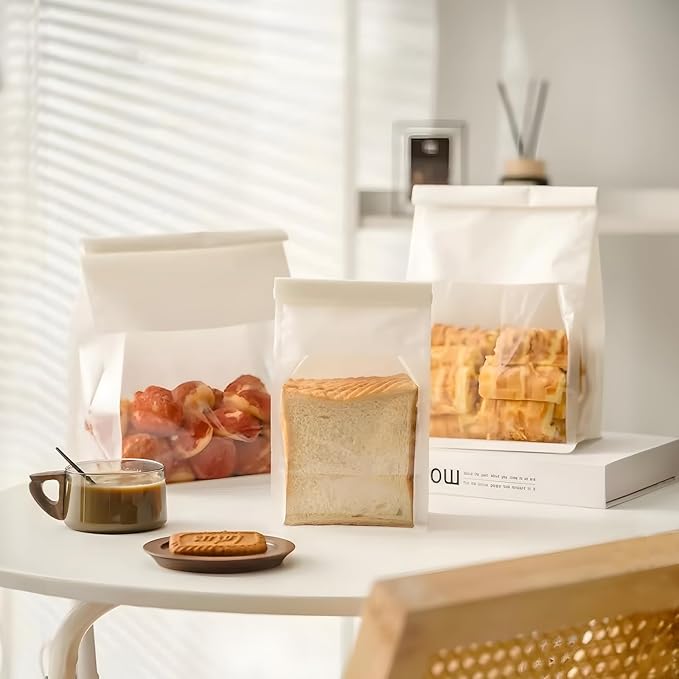 50 Pcs 8.6 Inch Bread Bags with Tin Tie, Large Loaf Bags Made Of White Cotton Paper, Storage Packing Bag with Clear Window for Bakery, Cafe, Homemade Bread