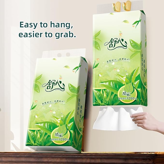 Hanging Facial Tissues with Green Tea Scent (6 Packs, 7680 Sheets Total) 4-Ply Soft Pack Paper Tissues for Home and Office - Wall Mountable & Space Saving