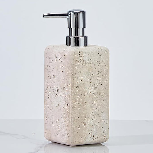 Ivory Travertine Soap Pump, Refillable Bathroom Liquid Dispenser with Stainless Steel Pump, Natural Organic Stone Hand Lotion Dispenser, Pump Bottle Dispenser for Bathroom and Kitchen Countertop