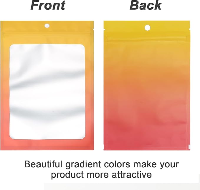 300 Pcs Gradient Mylar Bags, 3 Size Smell Proof Bags with Clear Window Foil Pouch Bags Resealable Bags for Small Business and Food Storage, Yellow Orange