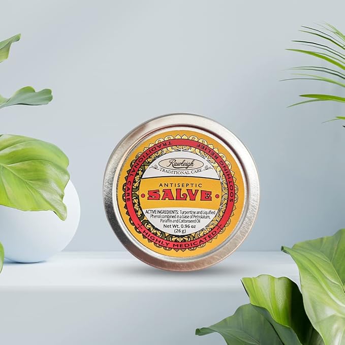 Rawleigh Antiseptic Yellow Salve Small Tin: 0.96 oz, Natural, Multi-Purpose Ointment Soothes Skin Cuts, Bruises, Irritations, with Turpentine, Phenol, Cottonseed Oil, Original Formula - Pack of 3