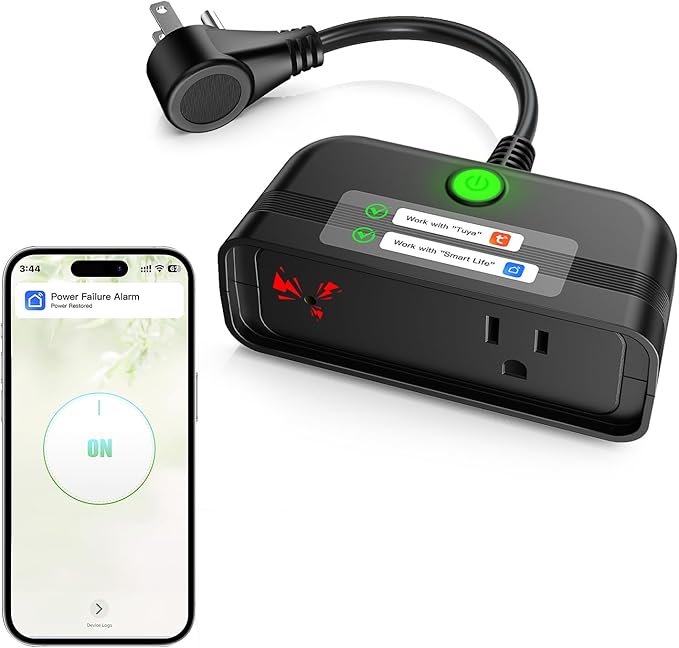 WiFi Power Failure Alarm Outdoor, Power Outlet Alarm with SmartLife App Alert for Indoor & Outdoor, 110dB Power Outage Detector for Freezer, Sump Pump, Auto Drip Irrigation, Greenhouse, Pond Pump