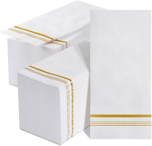 200 Linen Feel Paper Hand Towels for Bathroom, Disposable Guest Towels, Soft and Absorbent Paper Towels Napkins Bulk for Dinner Parties Kitchen Wedding Graduation, 12" x 17"(Gold Trim Lined)