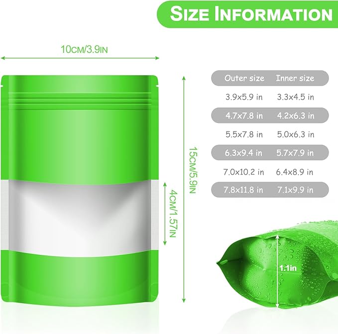 100 Pack Smell Mylar Proof Bags for Food Storage, Resealable Packaging Bags for Small Business, Stand Up Foil Pouches Reusable Heat Sealable Bags with Clear Window (Green, 3.9x5.9 In)