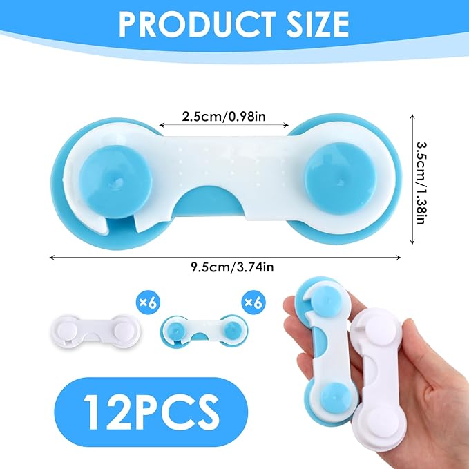 12 Pcs Baby Proof Cabinet Locks, Cabinet Child Locks with Strong Adhesive for Drawers Fridge and Closet Doors, No-Tool Installation Childproofing for Kitchen and Pantry (White and Blue)